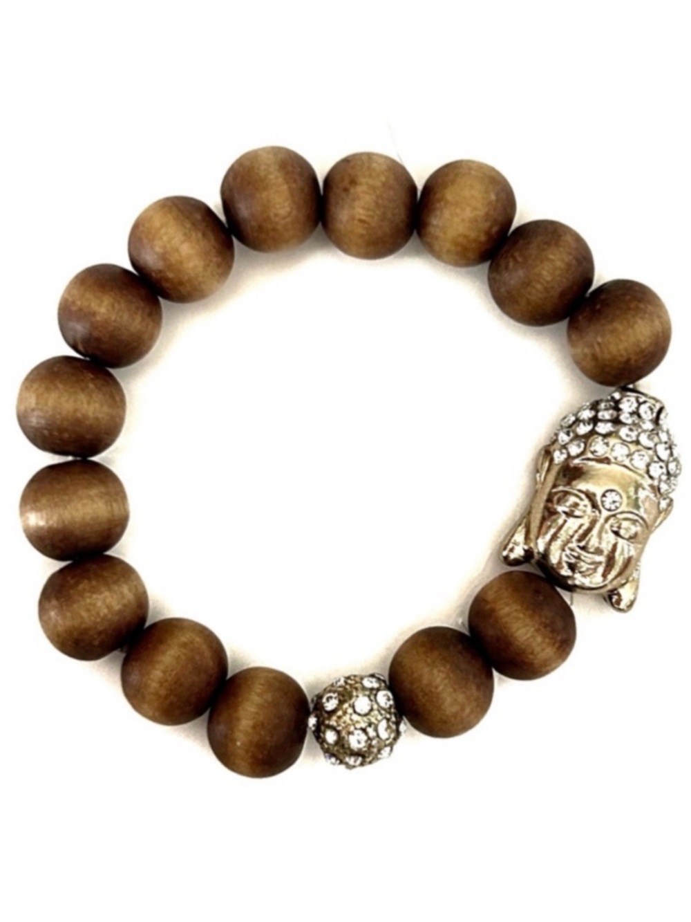Rhinestone Buddha Brown Beaded Bracelet Gold Tone Spiritual Wood Boho Neutral